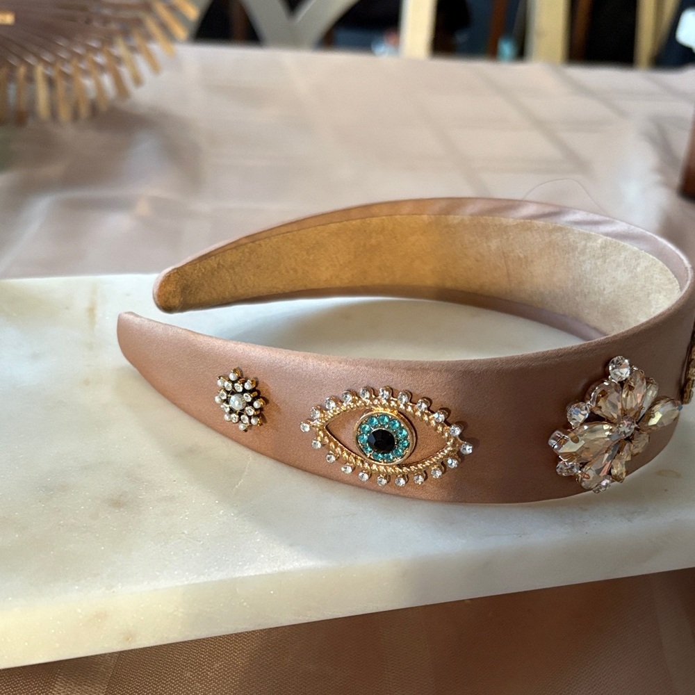 Chic Satin Tan Headband with Crystal accents